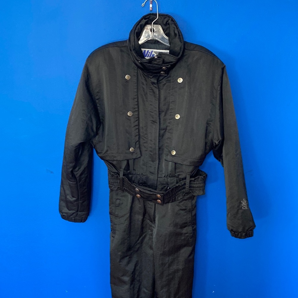 VNTG 1990 NILS Black Satin One Piece Ski Suit Sz 10 - Picture 1 of 15
